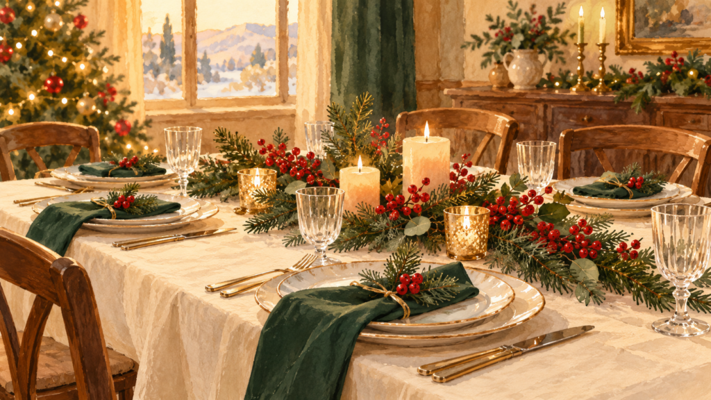 Illustrazione di una tavola apparecchiata per il pranzo di Natale